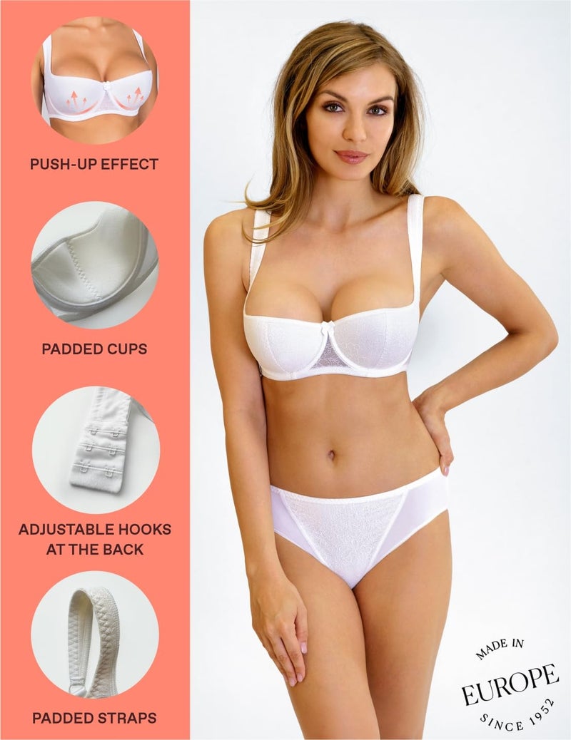Rosme Women's Balconette Bra with Push Up Effect â€“ Plus Size Sexy Lace Demi Half Cup Bra â€“ Lightly Padded Underwired Low Cut Mesh Design Grand, White, Size 36G - Image 3